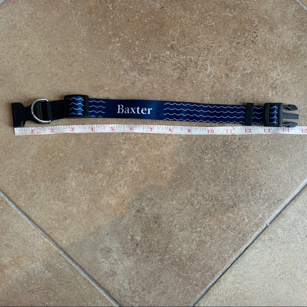 Navy Blue Dog Collar with White Waves and name “Baxter”